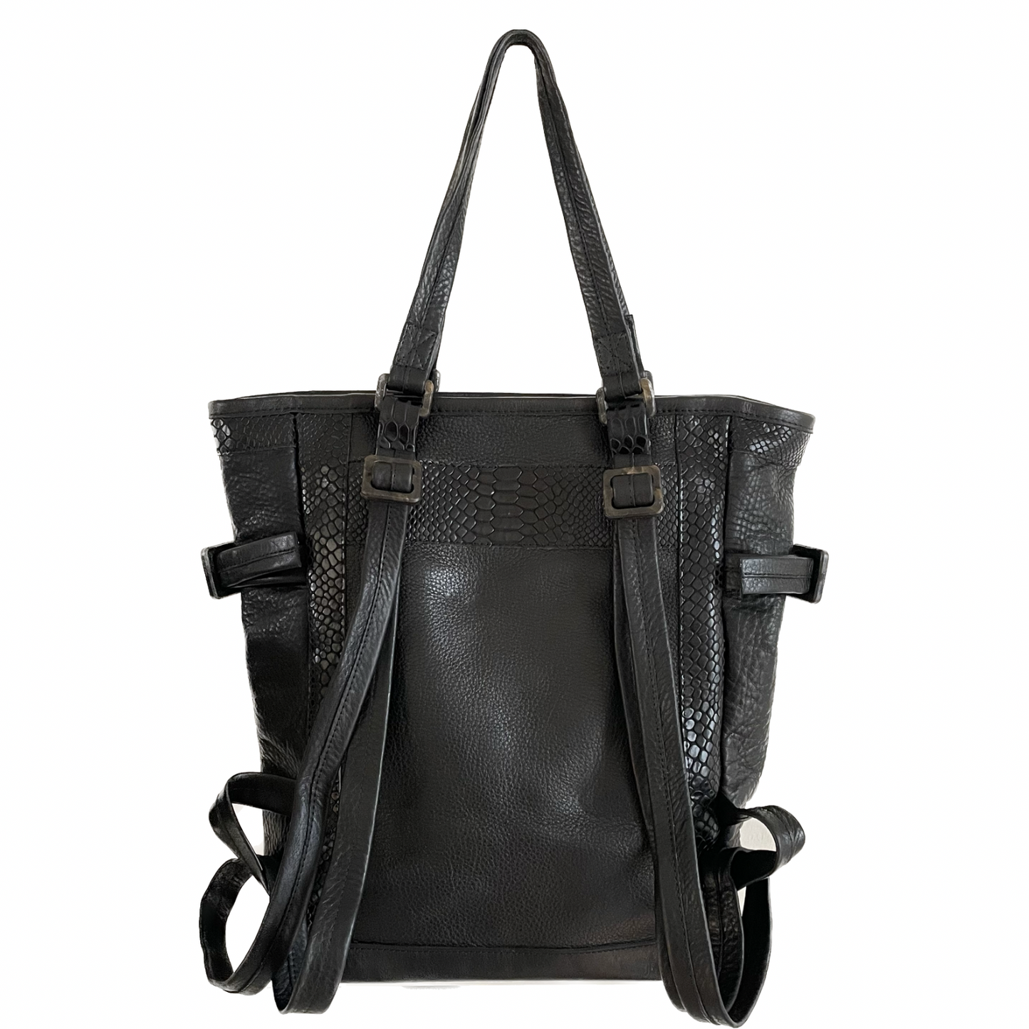Profound Black Repurposed Leather Tote Backpack